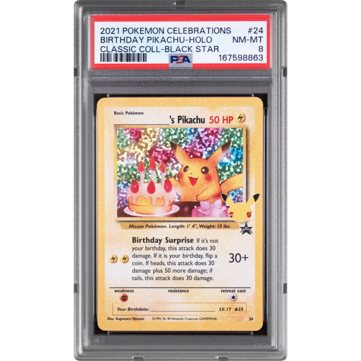 2021 Pokémon Celebrations Classic Collection #24 Birthday Pikachu - Holo (PSA 8 NM-MT)