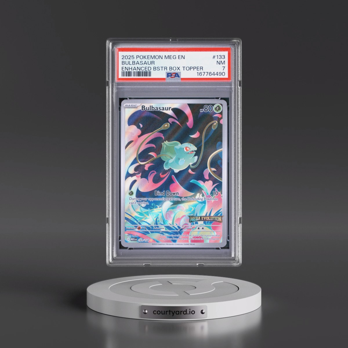 2025 Pokémon Meg EN-Mega Evolution #133 Bulbasaur - Enhanced Booster Box Topper (PSA 7 NM)