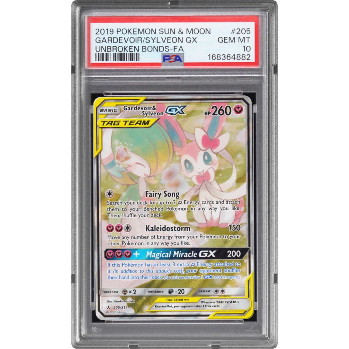 2019 Pokémon Sun & Moon Unbroken Bonds #205 Gardevoir & Sylveon GX - Holo Full Art (PSA 10 GEM MINT)