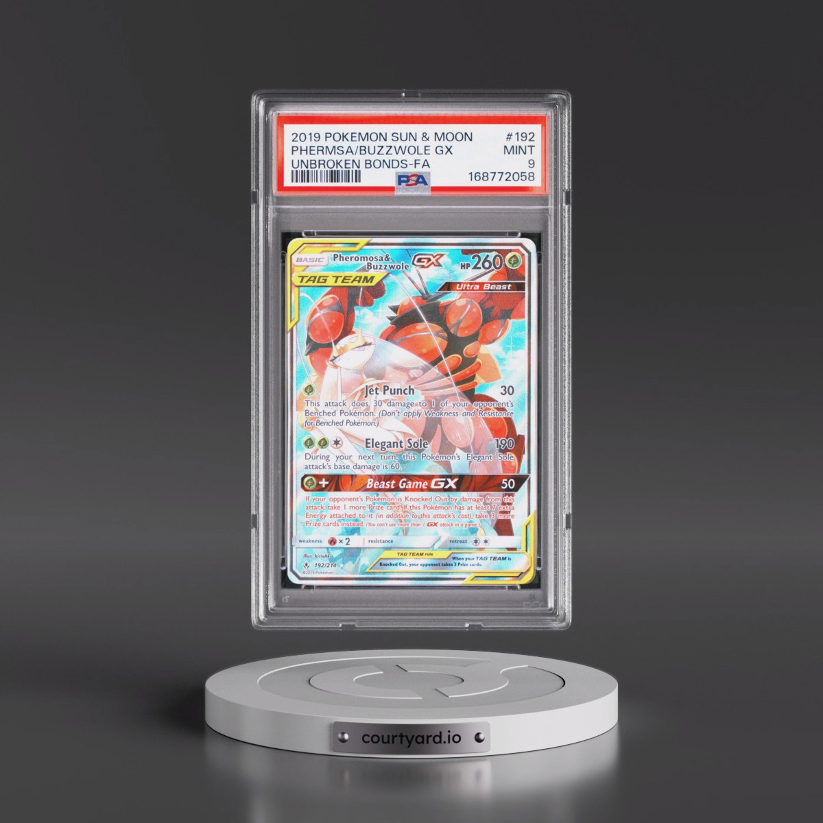 2019 Pokémon Sun & Moon Unbroken Bonds #192 Pheromosa & Buzzwole GX - Holo Full Art (PSA 9 MINT)