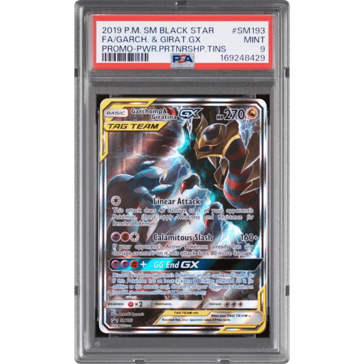 2019 Pokémon SM Black Star Promo #SM193 Garchomp & Giratina GX - Holo Full Art Power Partnership Tins (PSA 9 MINT)
