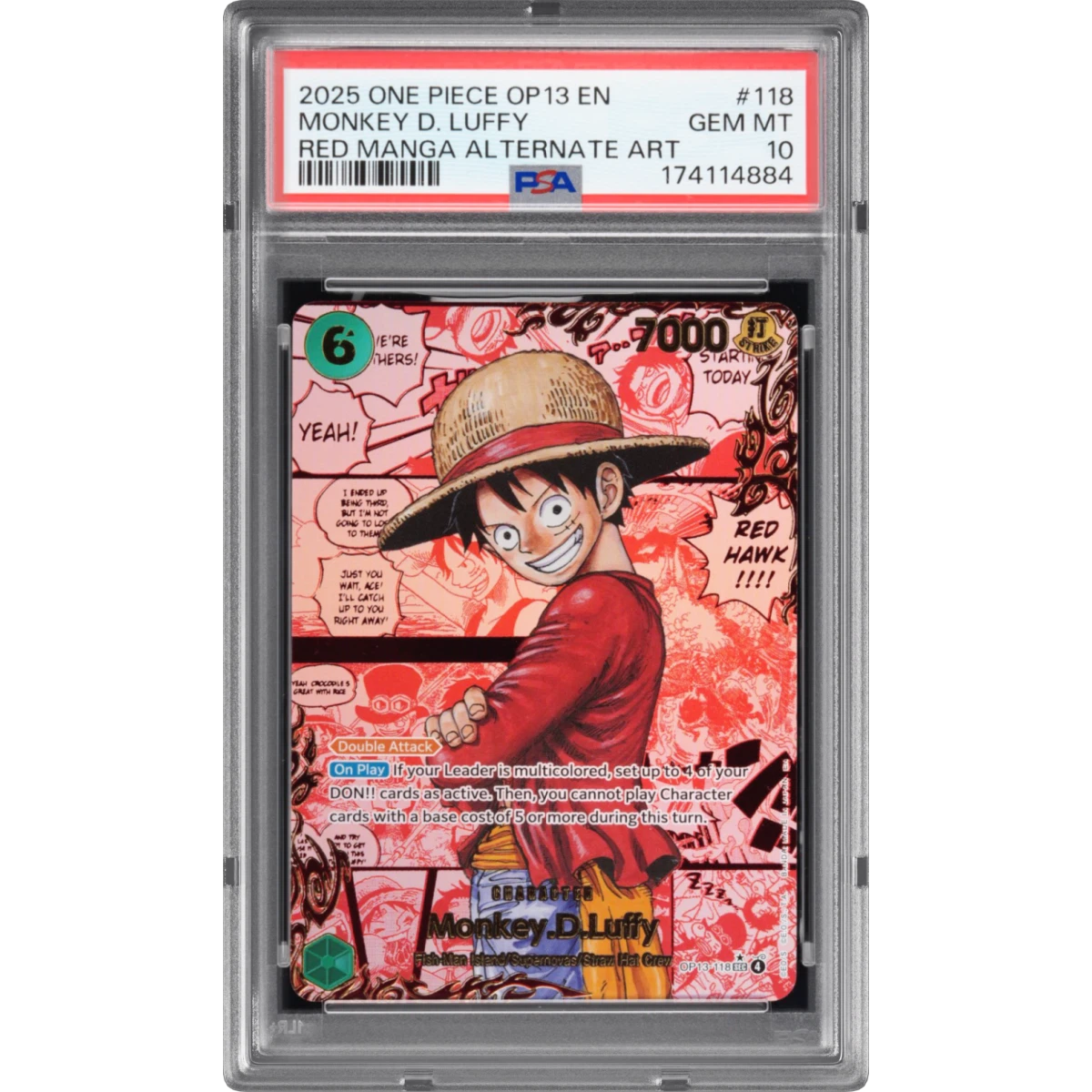 2025 One Piece OP13-Carrying on His Will #118 Monkey D. Luffy - Red Manga Alternate Art, PSA 10