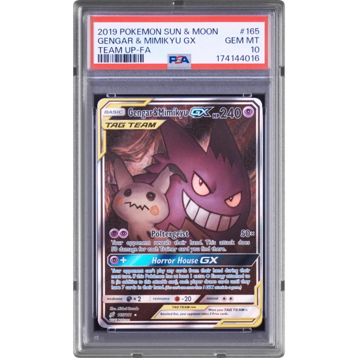 2019 Pokémon Sun & Moon Team Up #165 Gengar & Mimikyu GX - Holo Full Art, PSA 10