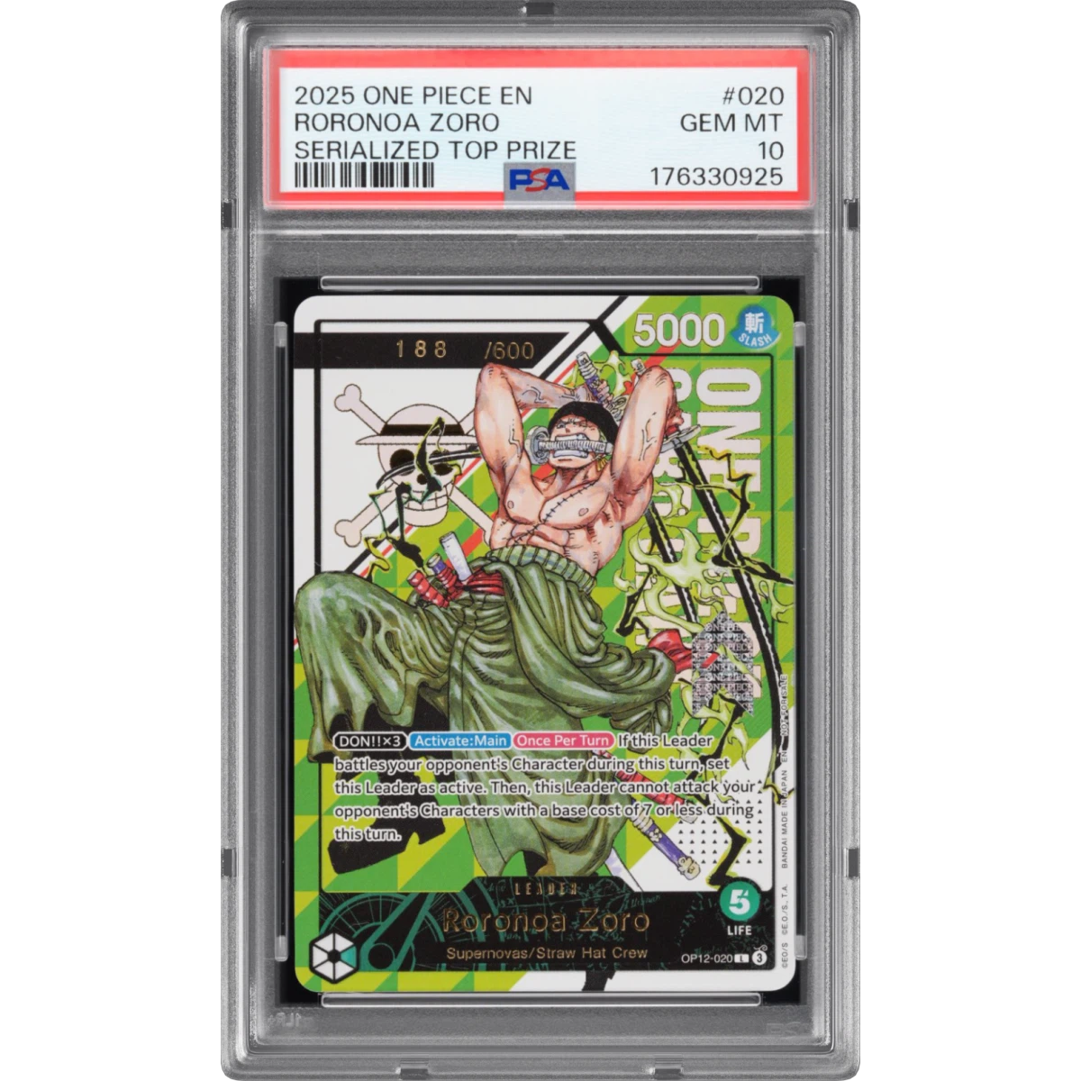 2025 One Piece Promos #020 Roronoa Zoro - Official Event Serialized Top Prize, PSA 10