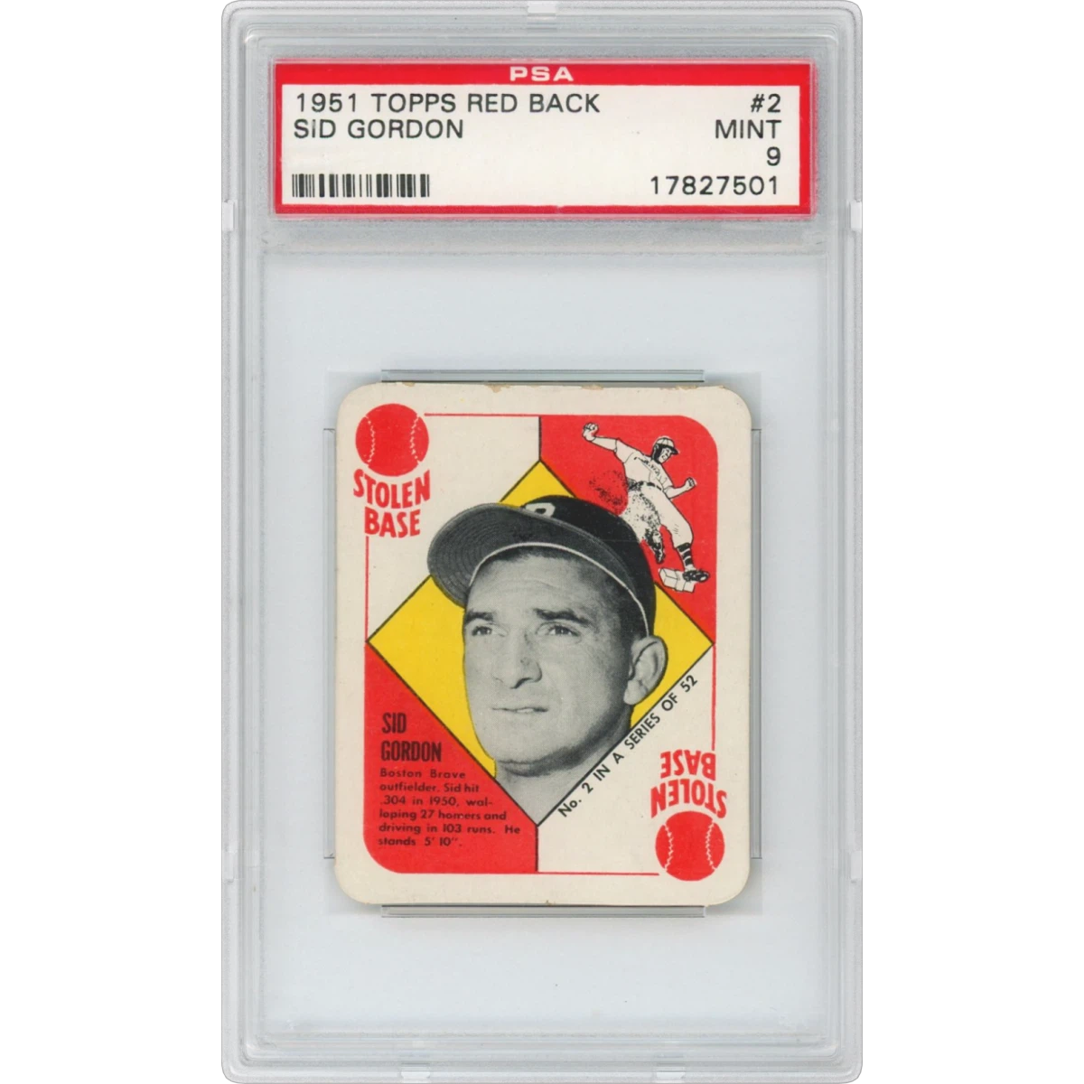 1951 Topps Red Back #2 Sid Gordon (PSA 9 MINT)