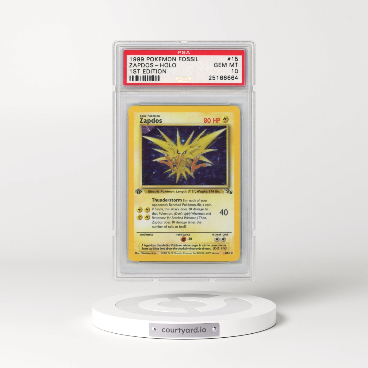 1999 Pokémon Fossil #15 Zapdos - 1st Edition Holo (PSA 10 GEM MINT) - Photo