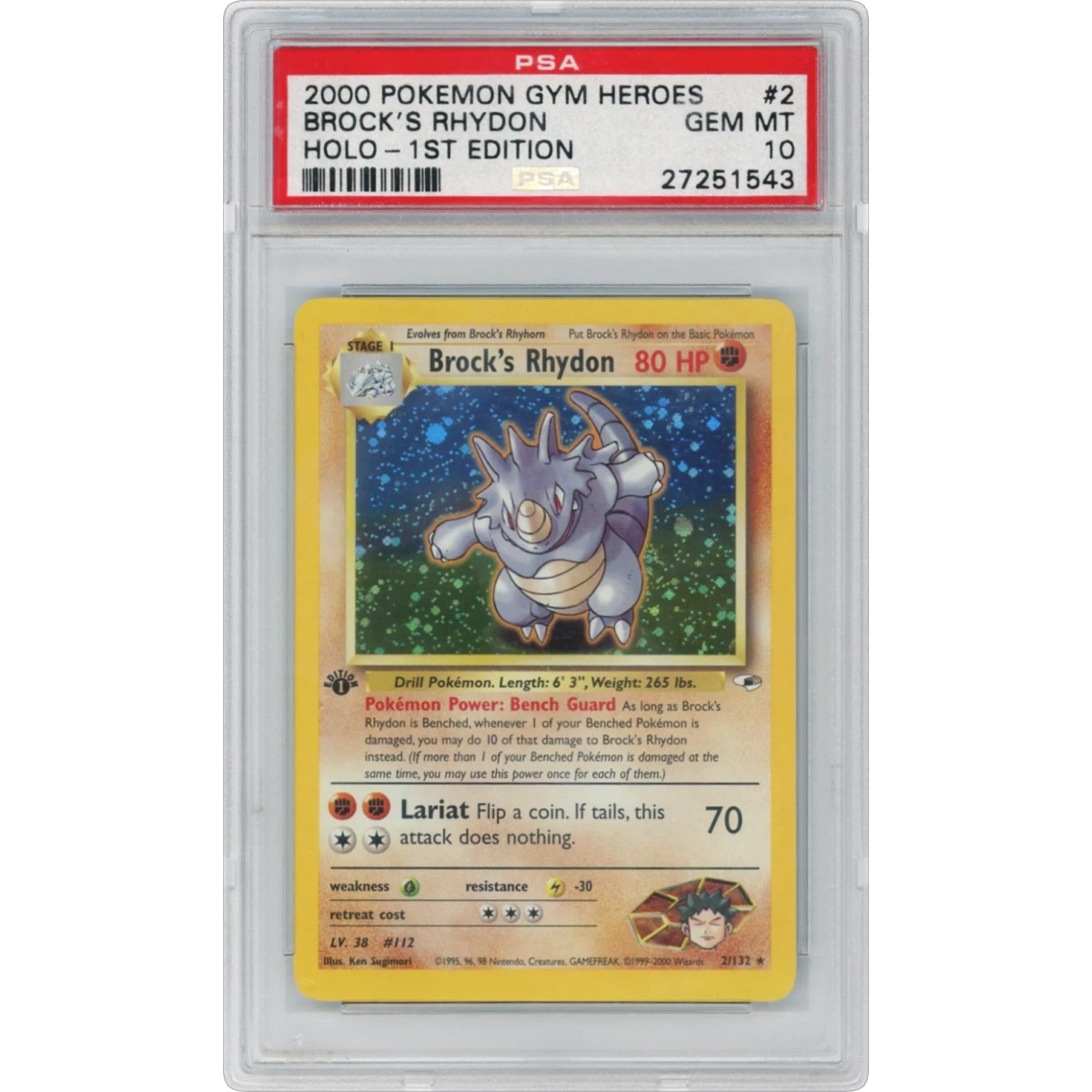 2000 Pokémon Gym Heroes #2 Brock's Rhydon - 1st Edition Holo (PSA 10 GEM MINT)