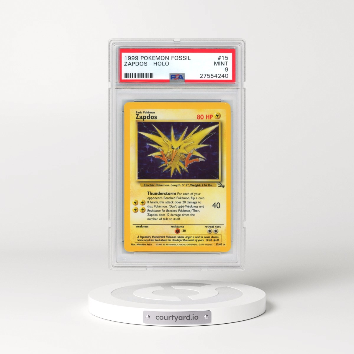 1999 Pokémon Fossil #15 Zapdos - Holo (PSA 9 MINT)
