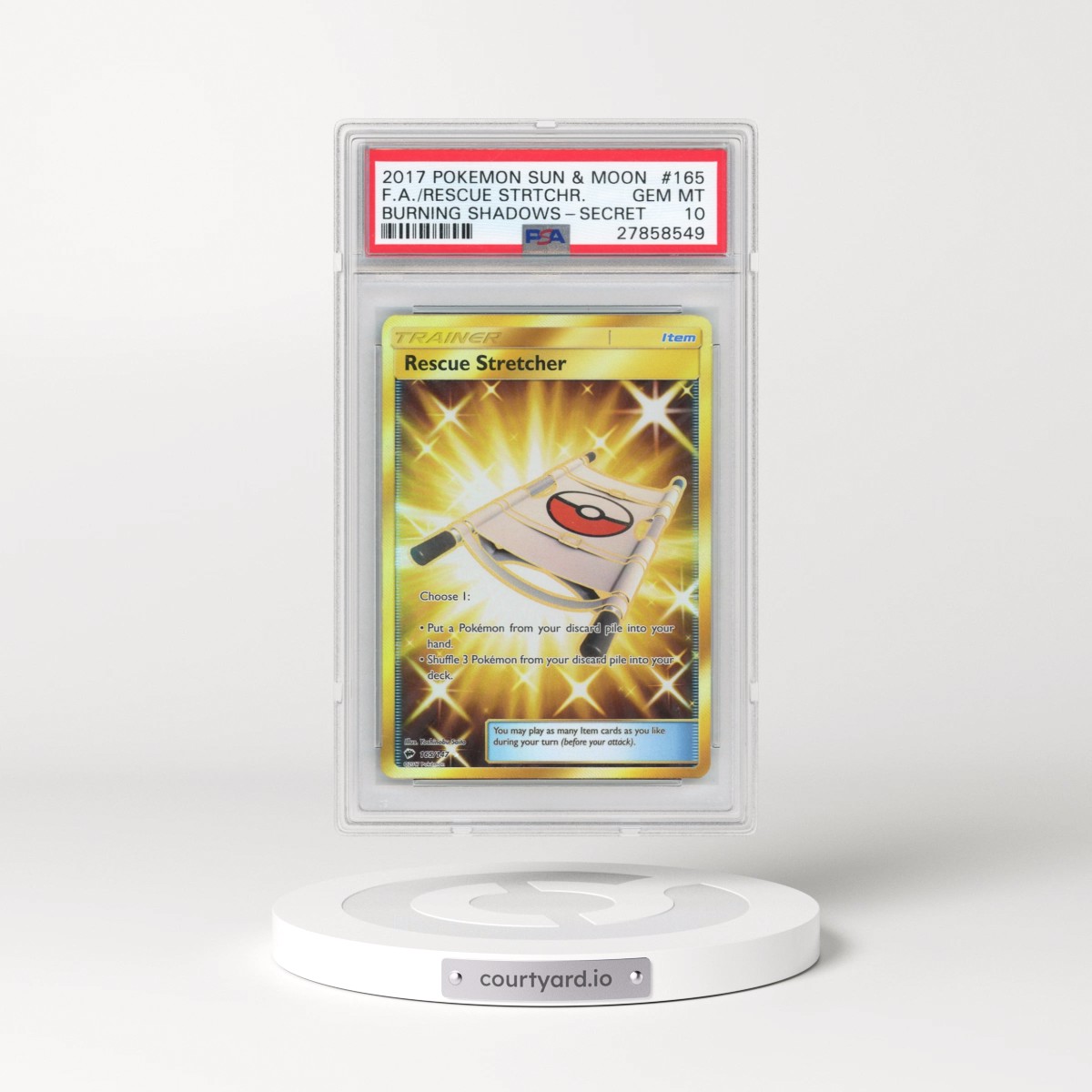 2017 Pokémon Sun & Moon Burning Shadows #165 Rescue Stretcher - Full Art Secret (PSA 10 GEM MINT)