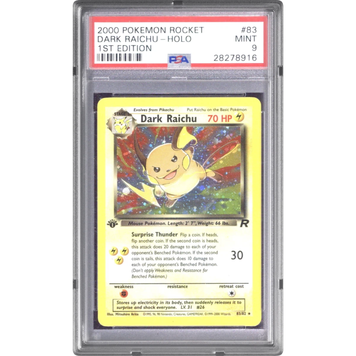 2000 Pokémon Rocket #83 Dark Raichu - 1st Edition Holo (PSA 9 MINT)