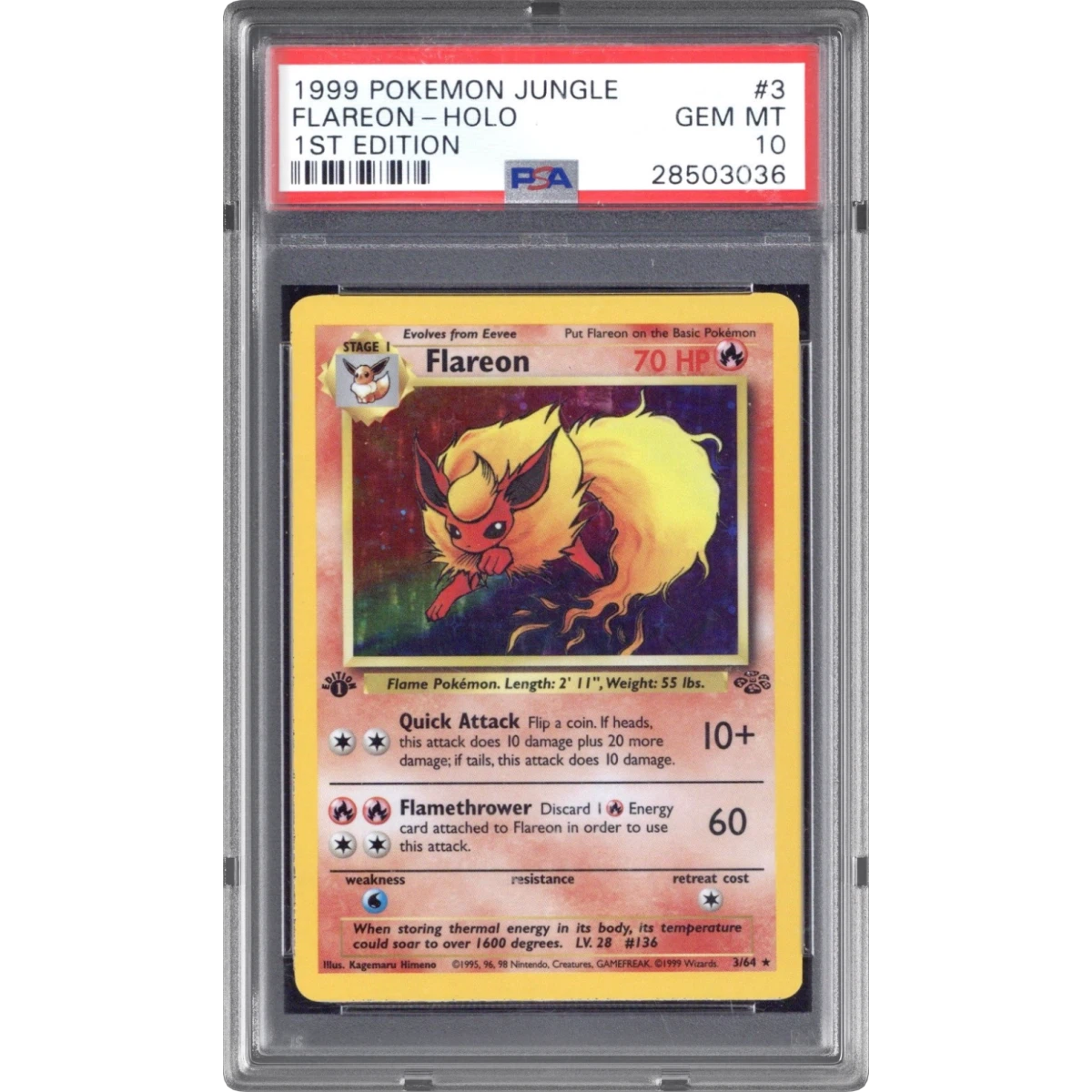 1999 Pokémon Jungle #3 Flareon - 1st Edition Holo, PSA 10