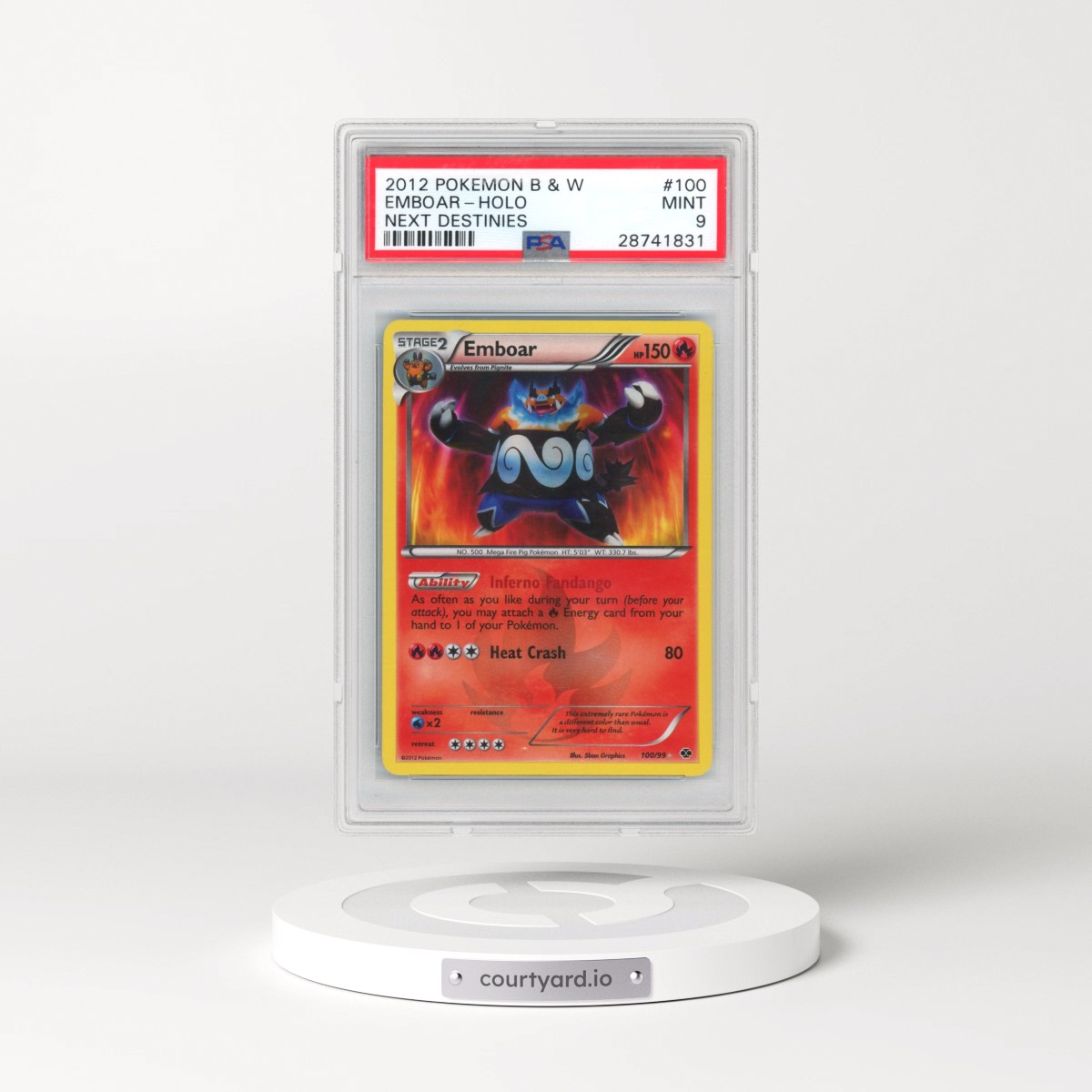 2012 Pokémon Black & White Next Destinies #100 Emboar - Holo (PSA 9 MINT)