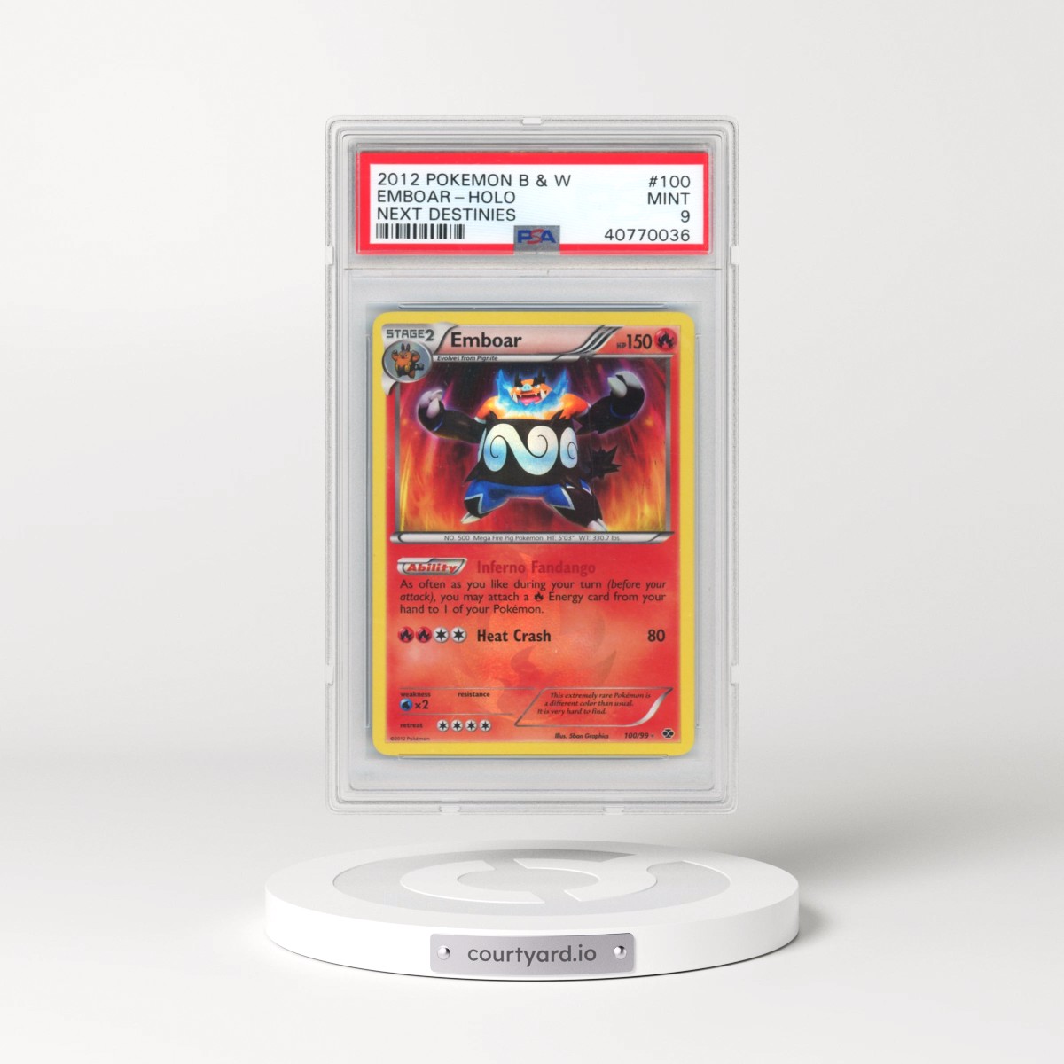2012 Pokémon Black & White Next Destinies #100 Emboar - Holo (PSA 9 MINT)