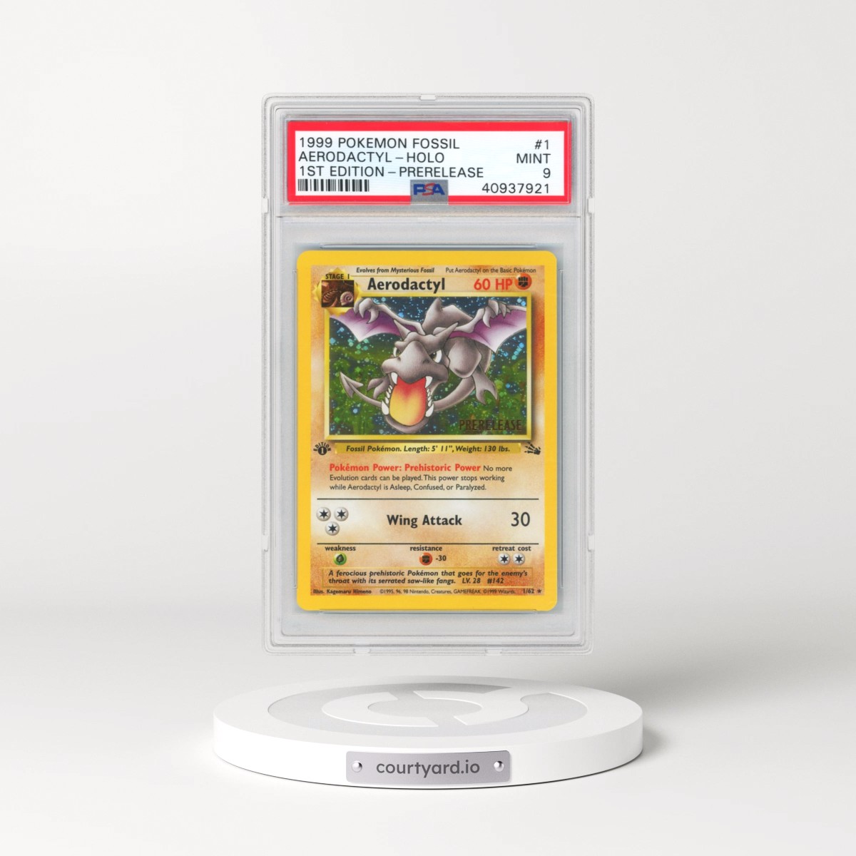 1999 Pokémon Fossil #1 Aerodactyl - 1st Edition Holo Prerelease (PSA 9 MINT)