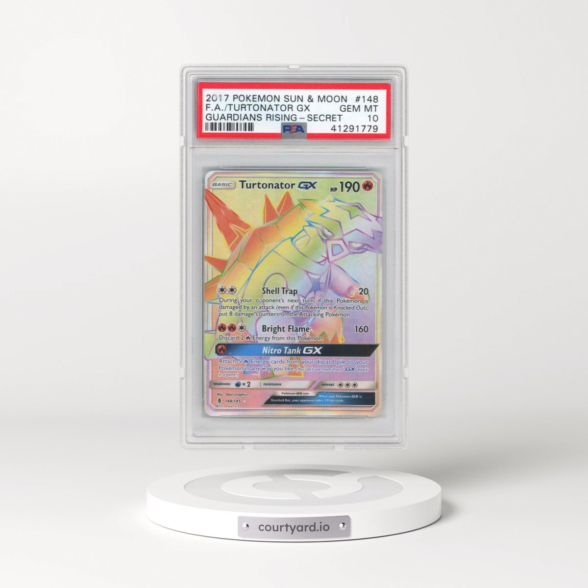 2017 Pokémon Sun & Moon Guardians Rising #148 Turtonator GX - Holo Full Art Secret (PSA 10 GEM MINT)