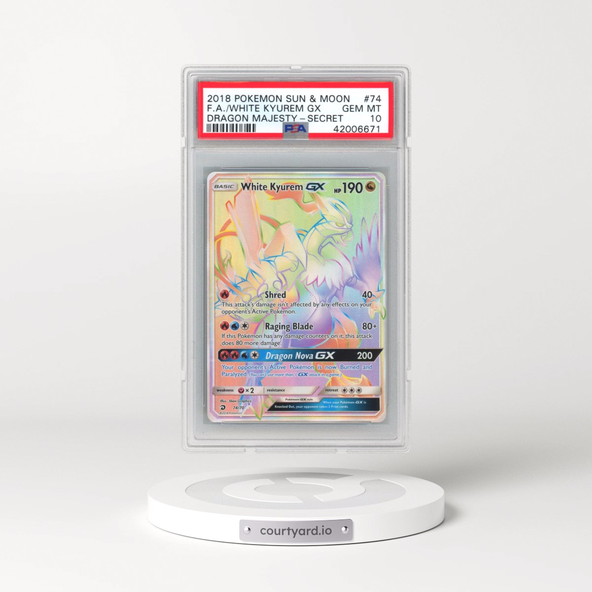 2018 Pokémon Sun & Moon Dragon Majesty #74 White Kyurem GX - Holo Full Art Secret (PSA 10 GEM MINT)