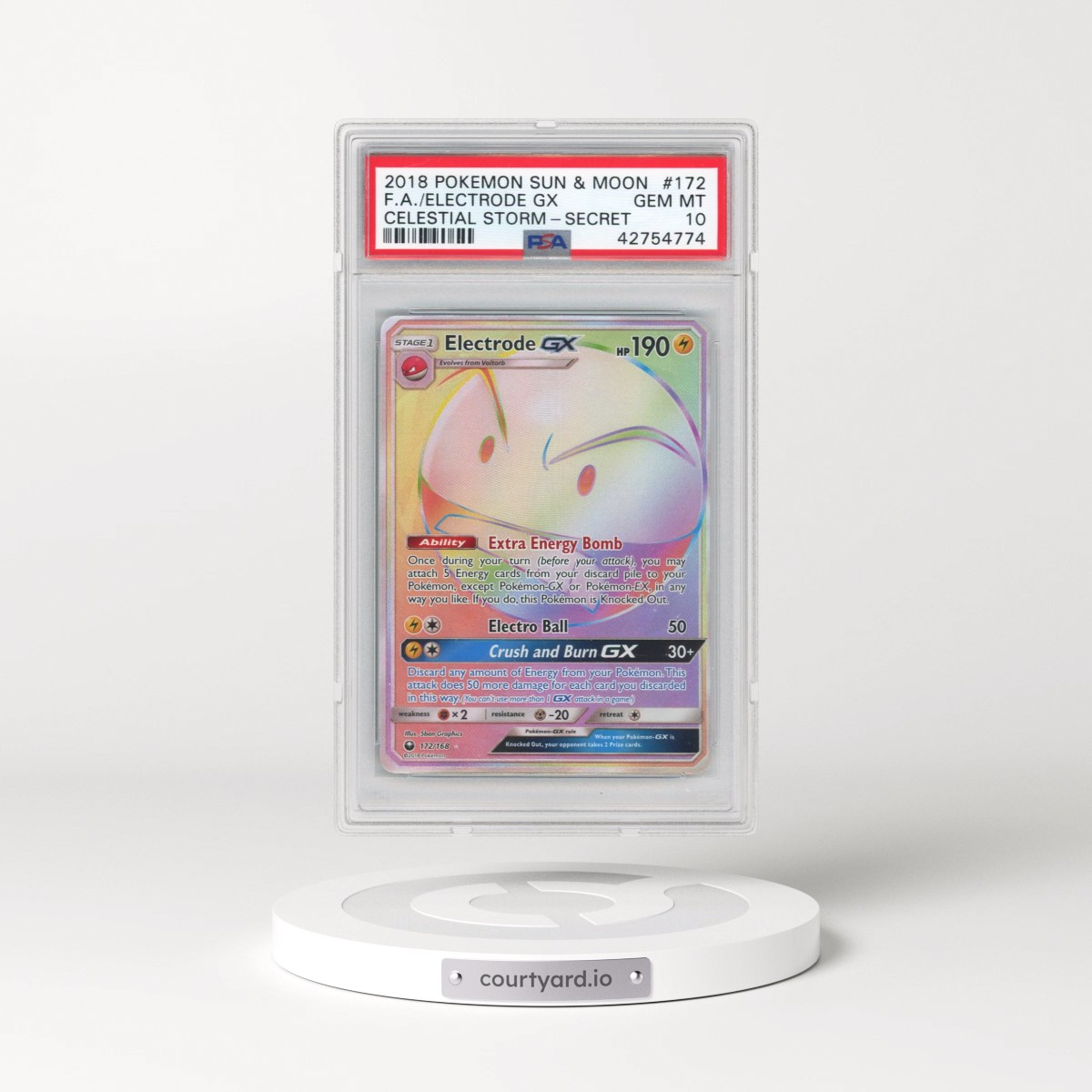 2018 Pokémon Sun & Moon Celestial Storm #172 Electrode GX - Holo Full Art Secret (PSA 10 GEM MINT)