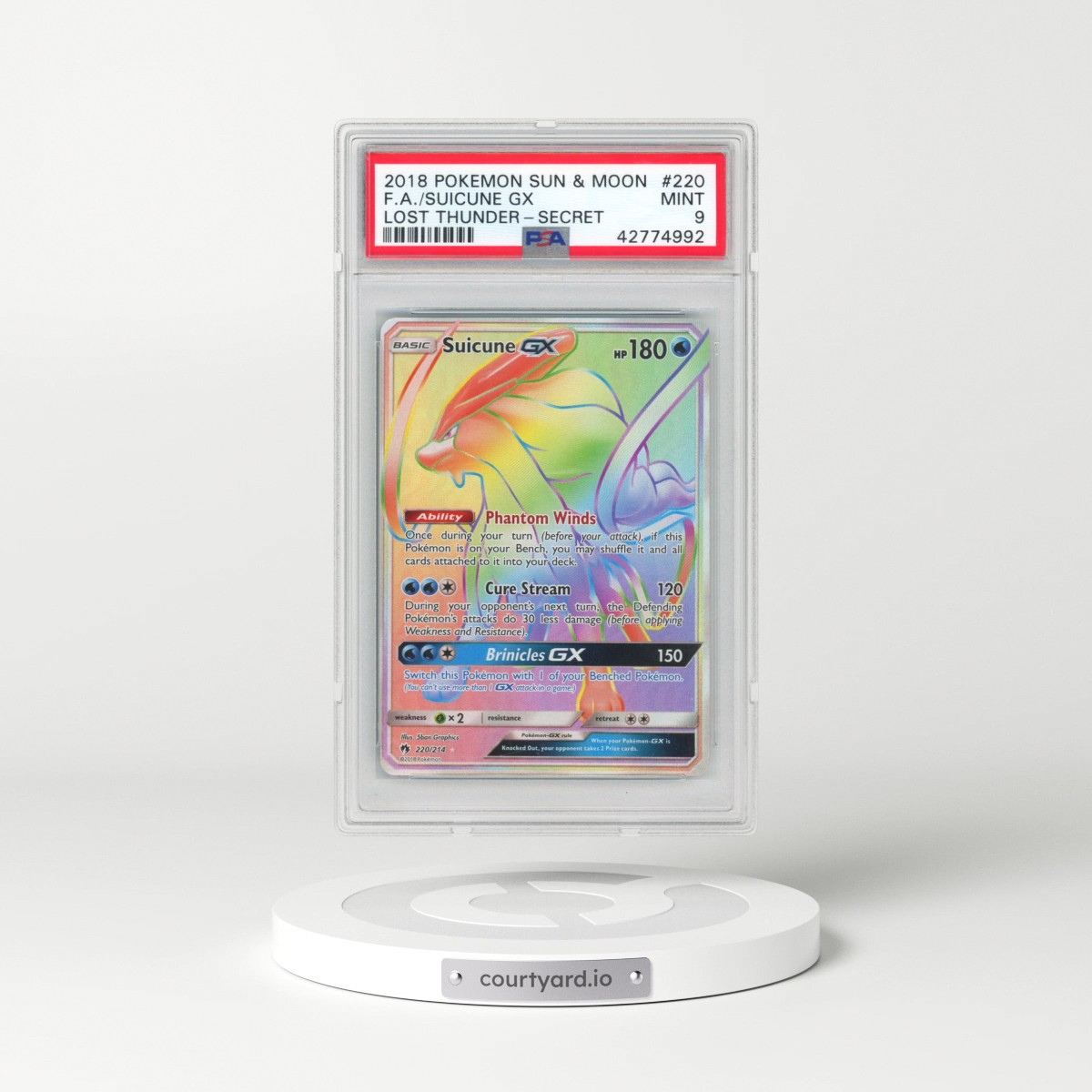 2018 Pokémon Sun & Moon Lost Thunder #220 Suicune GX - Holo Full Art Secret (PSA 9 MINT)