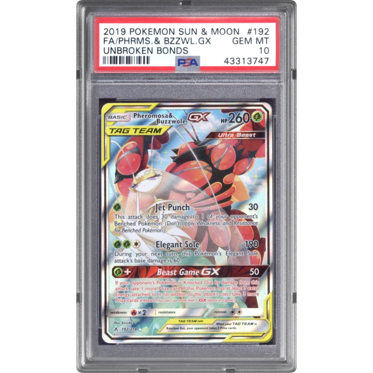 2019 Pokémon Sun & Moon Unbroken Bonds #192 Pheromosa & Buzzwole GX - Holo Full Art (PSA 10 GEM MINT)