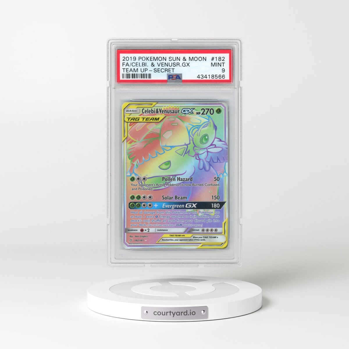 2019 Pokémon Sun & Moon Team Up #182 Celebi & Venusaur GX - Holo Full Art Secret (PSA 9 MINT)