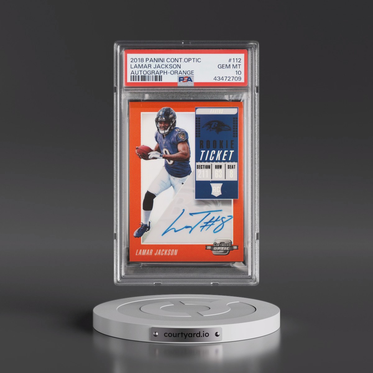 2018 Panini Contenders Optic #112 Lamar Jackson - Autograph-Orange (PSA 10 GEM MINT)