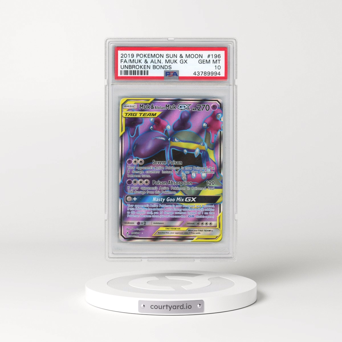 2019 Pokémon Sun & Moon Unbroken Bonds #196 Muk & Alolan Muk GX - Holo Full Art (PSA 10 GEM MINT)