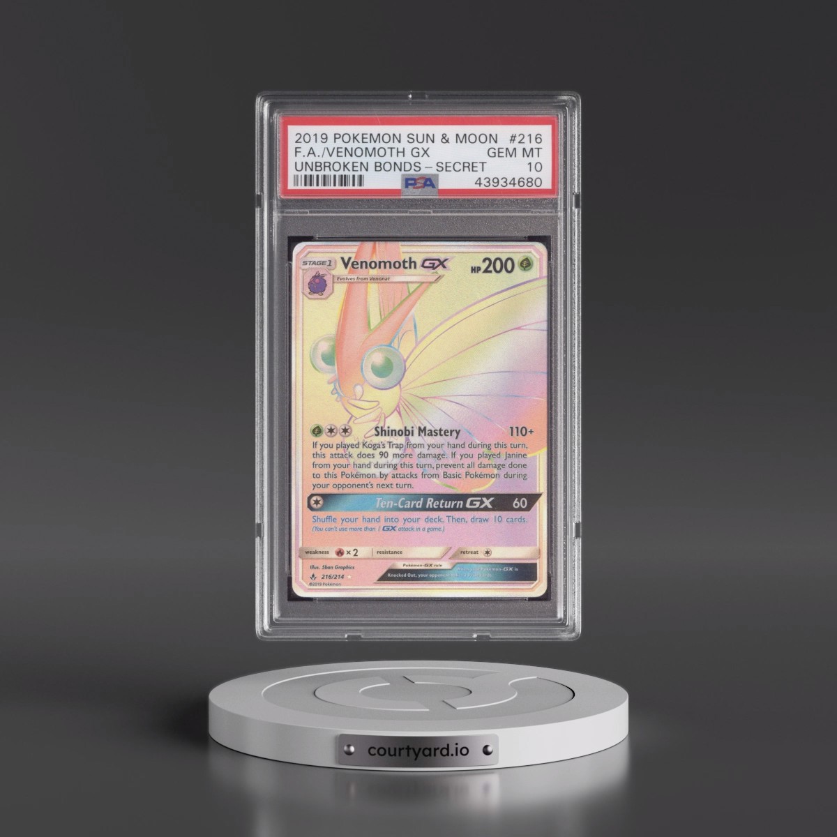 2019 Pokémon Sun & Moon Unbroken Bonds Venomoth GX - Holo Full Art Secret #216 PSA 10