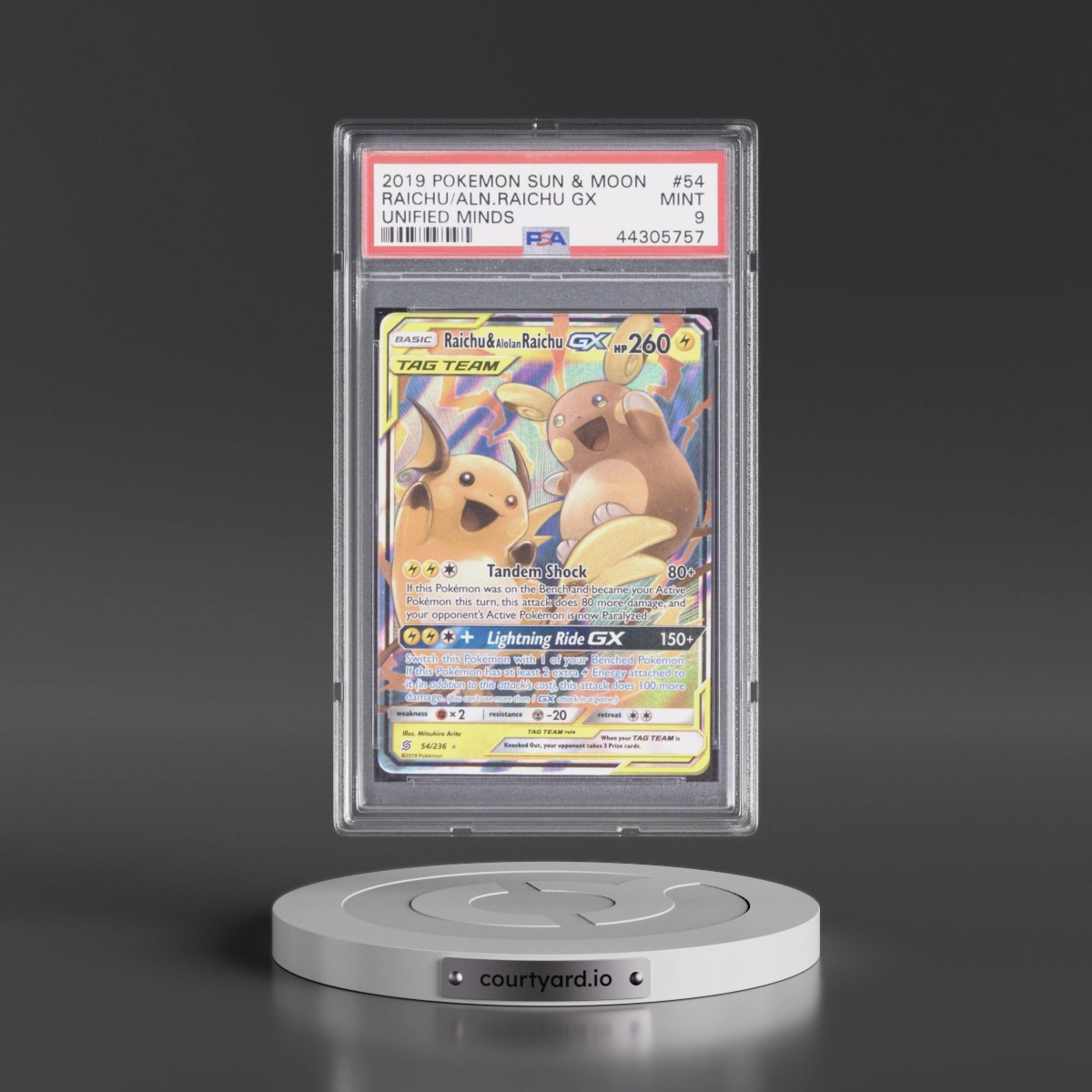 2019 Pokémon Sun & Moon Unified Minds #54 Raichu & Alolan Raichu GX - Holo (PSA 9 MINT)
