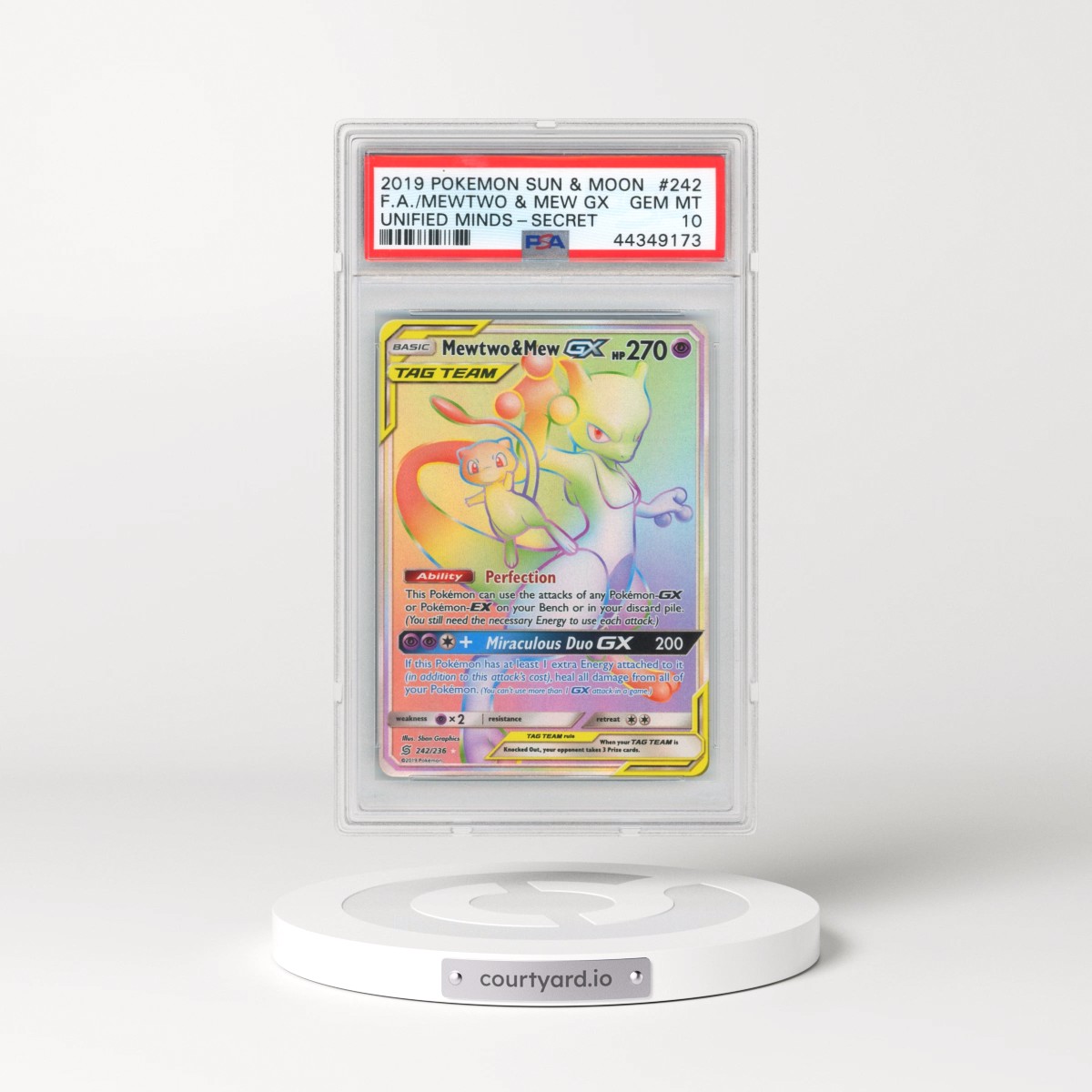 2019 Pokémon Sun & Moon Unified Minds #242 Mewtwo & Mew GX - Holo Full Art Secret (PSA 10 GEM MINT)