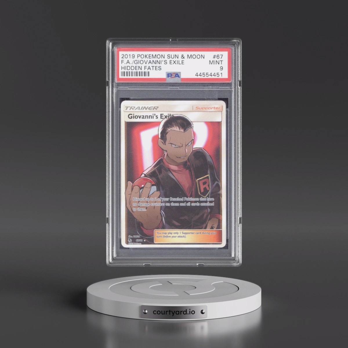 2019 Pokémon Sun & Moon Hidden Fates #67 Giovanni's Exile - Full Art (PSA 9 MINT)