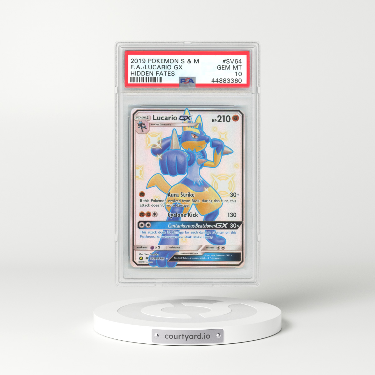 2019 Hidden Fates #SV64 Lucario GX - Full Art Holo (PSA 10 GEM MINT)