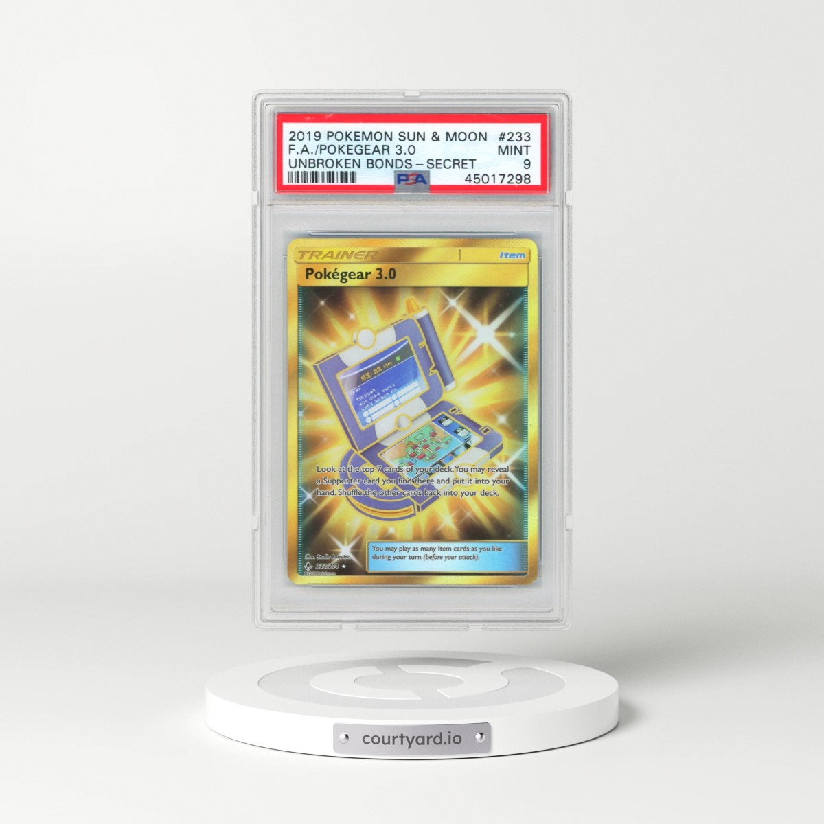 2019 Pokémon Sun & Moon Unbroken Bonds #233 Pokegear 3.0 - Full Art Secret (PSA 9 MINT)