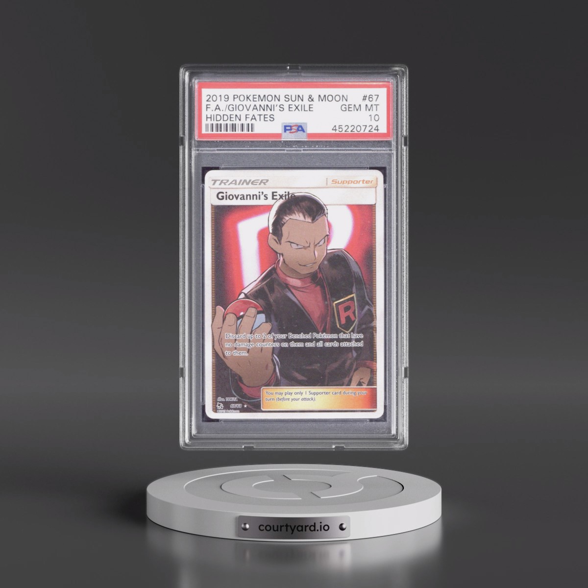 2019 Pokémon Sun & Moon Hidden Fates #67 Giovanni's Exile - Full Art (PSA 10 GEM MINT)