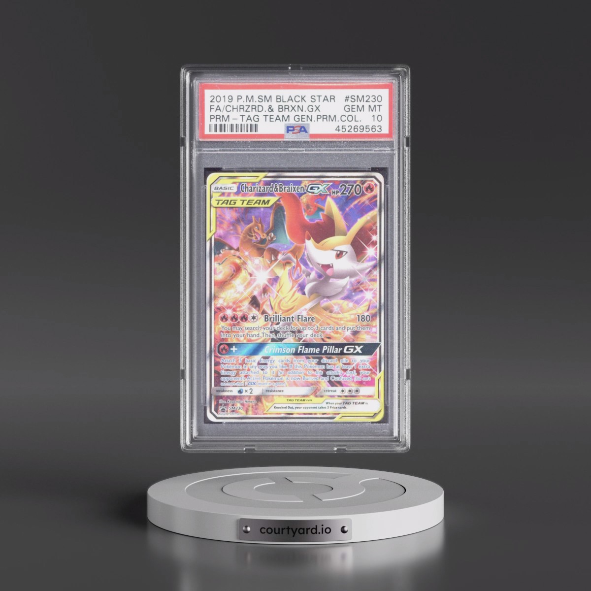 2019 Pokémon SM Black Star Promo #SM230 Charizard & Braixen GX - Holo Full Art Tag Team Generations Premium Collection (PSA 10 GEM MINT)