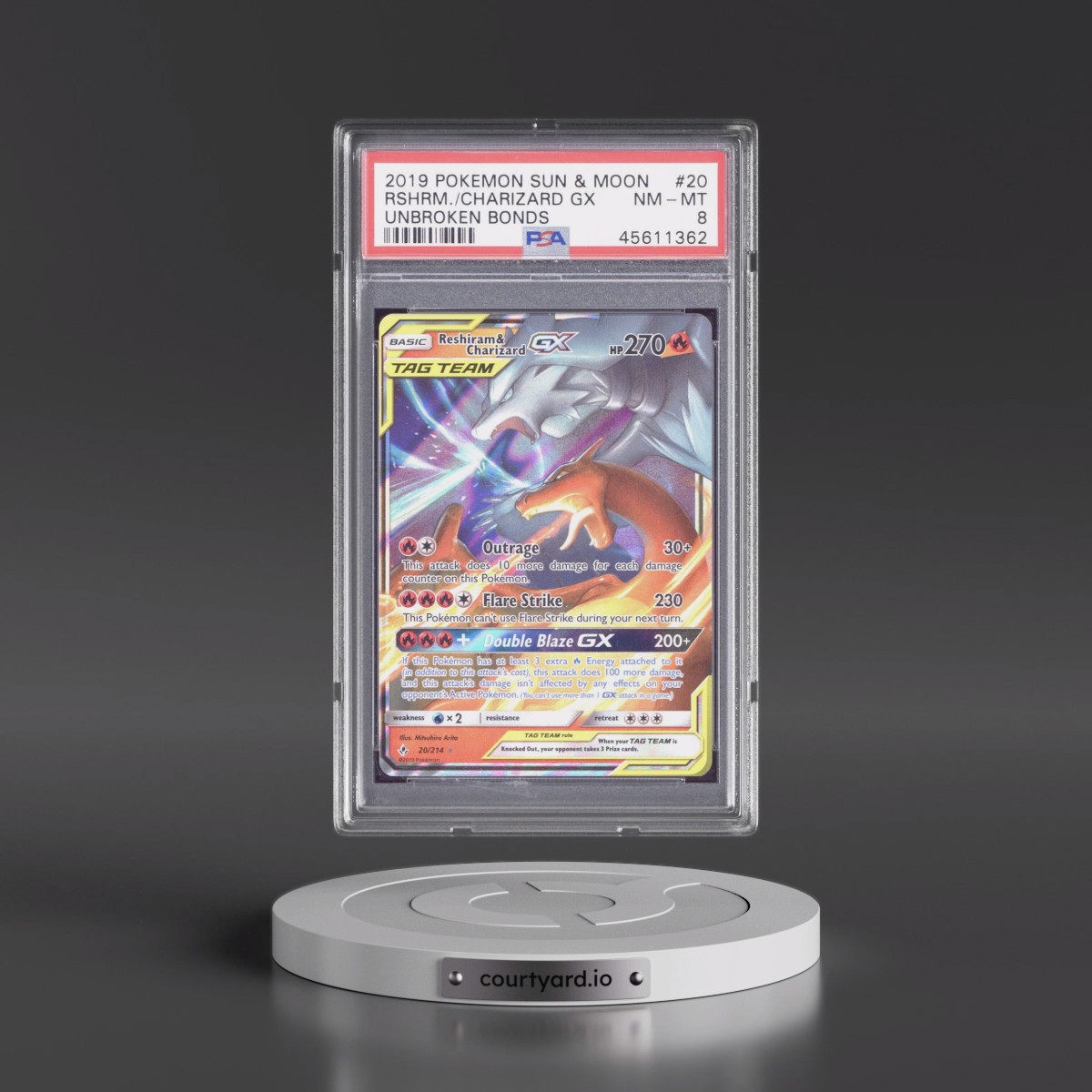 2019 Pokémon Sun & Moon Unbroken Bonds #20 Reshiram & Charizard GX - Holo (PSA 8 NM-MT)