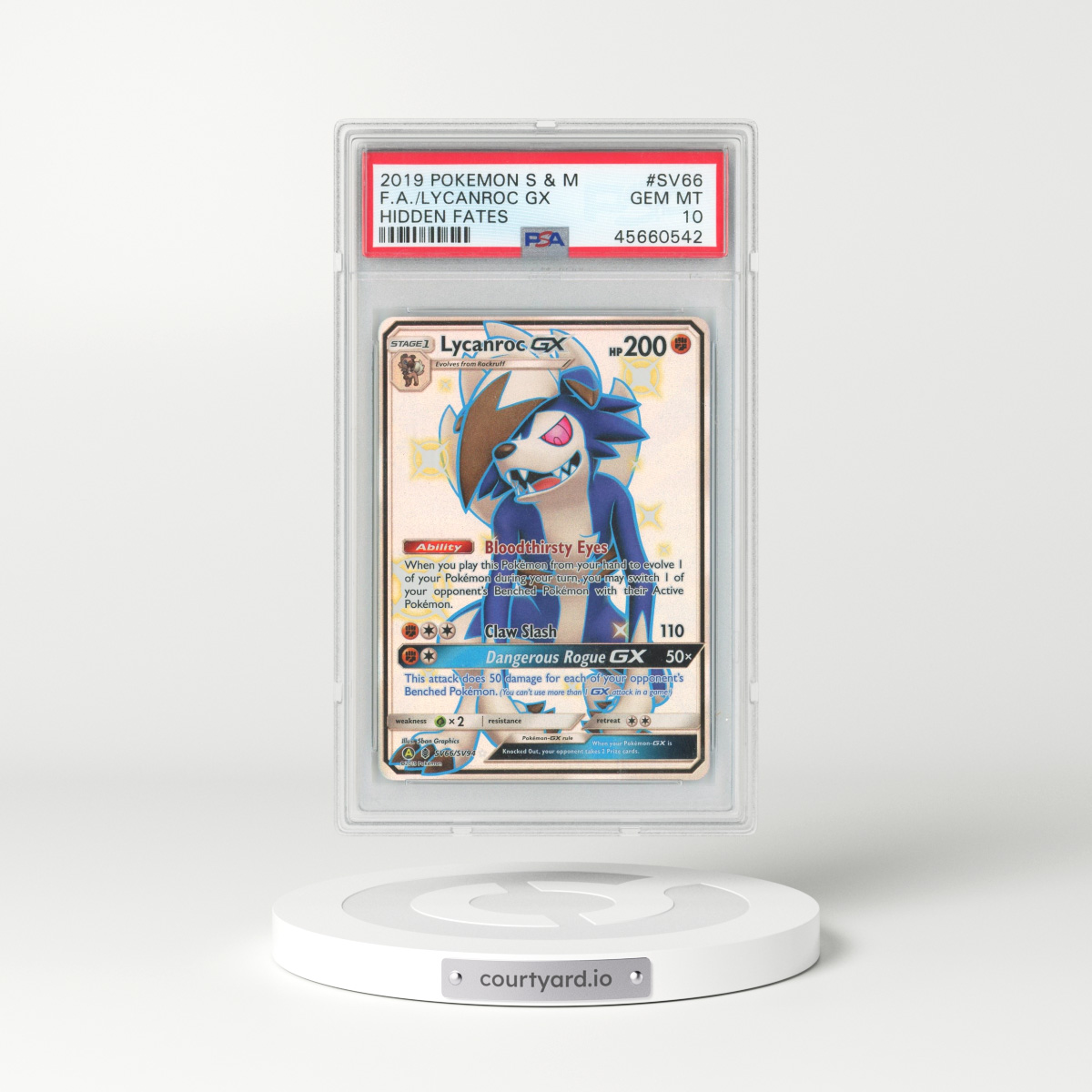 2019 Hidden Fates #SV66 Lycanroc GX - Full Art Holo (PSA 10 GEM MINT)