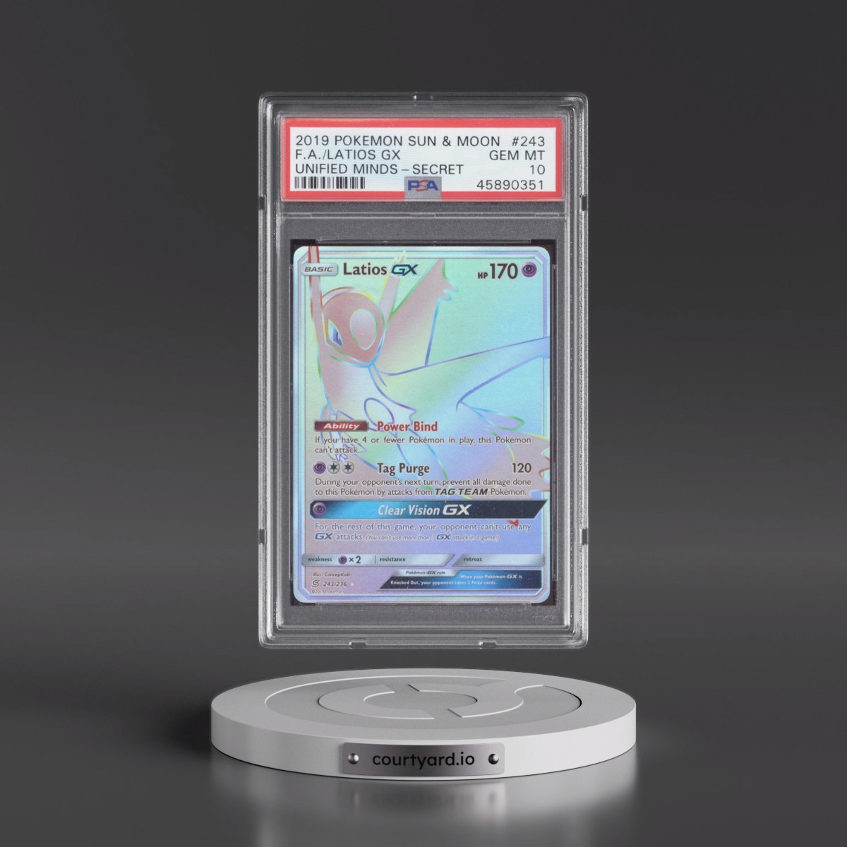 2019 Pokémon Sun & Moon Unified Minds #243 Latios GX - Holo Full Art Secret (PSA 10 GEM MINT)