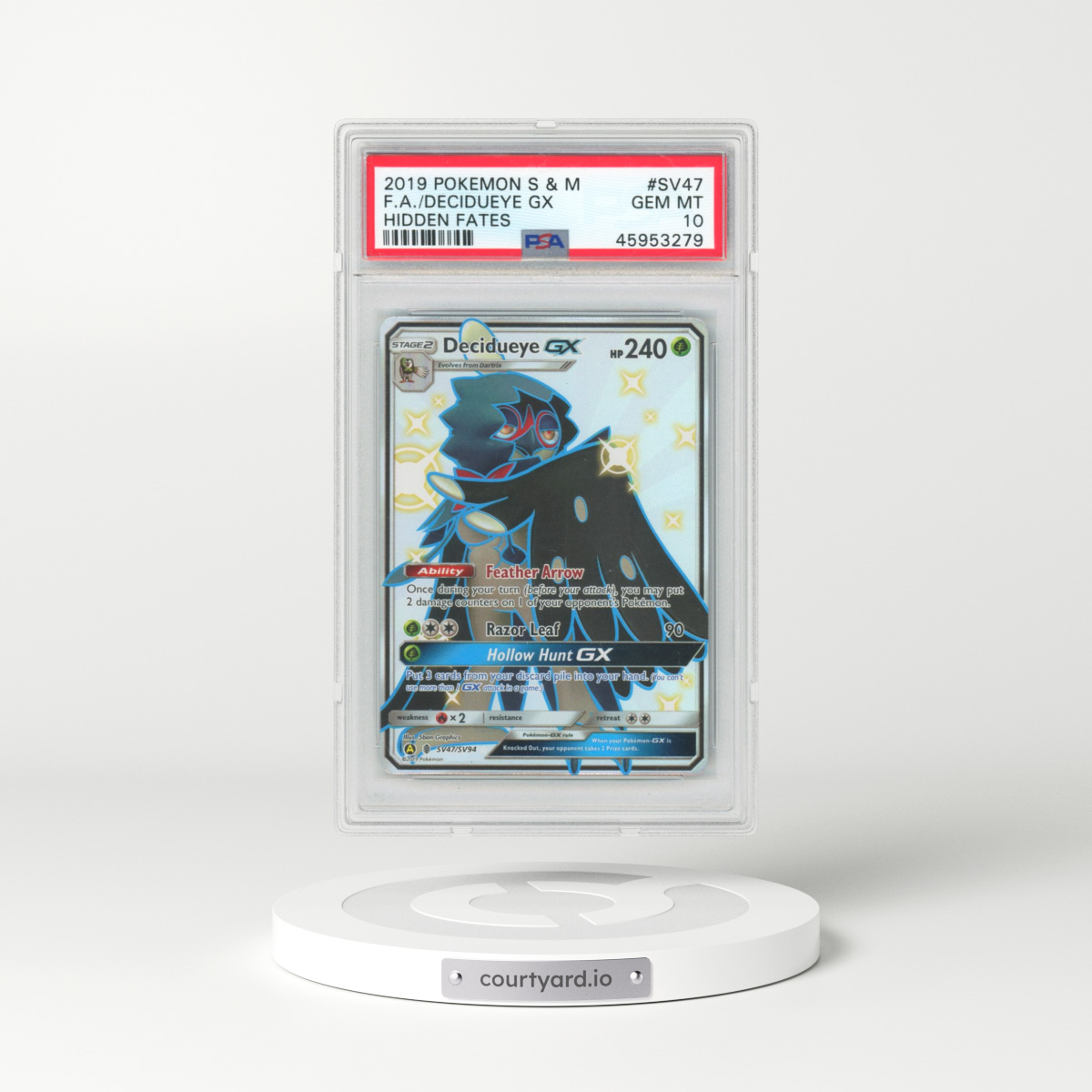 2019 Pokémon Sun & Moon Hidden Fates #SV47 Decidueye GX - Holo Full Art (PSA 10 GEM MINT)