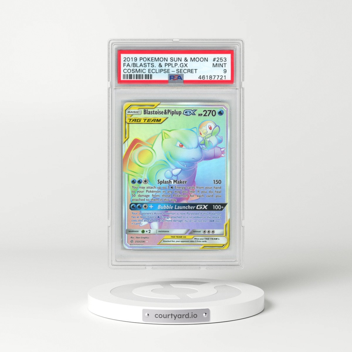 2019 Pokémon Sun & Moon Cosmic Eclipse #253 Blastoise & Piplup GX - Holo Full Art Secret (PSA 9 MINT)