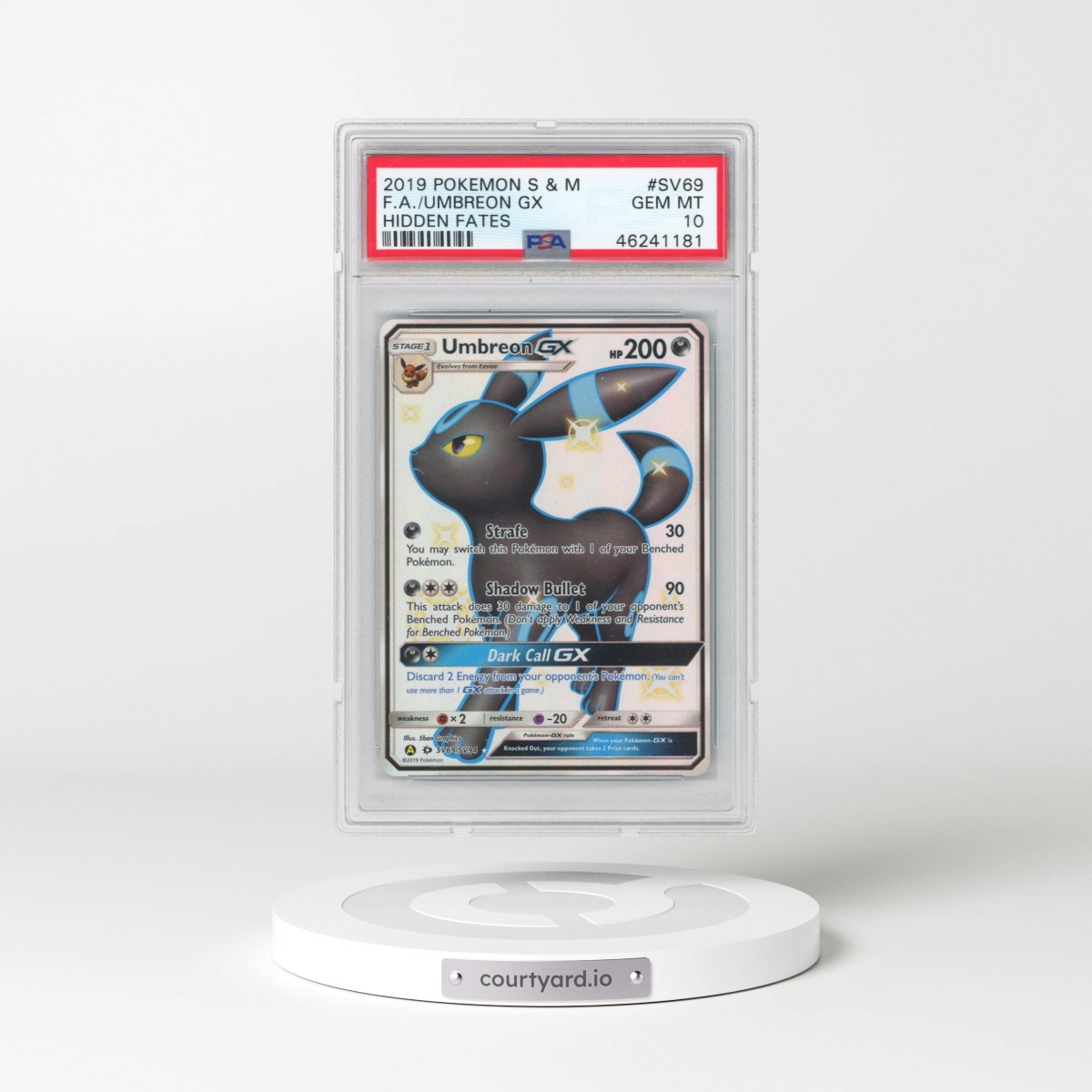 2019 Pokémon Sun & Moon Hidden Fates #SV69 Umbreon GX - Holo Full Art (PSA 10 GEM MINT)