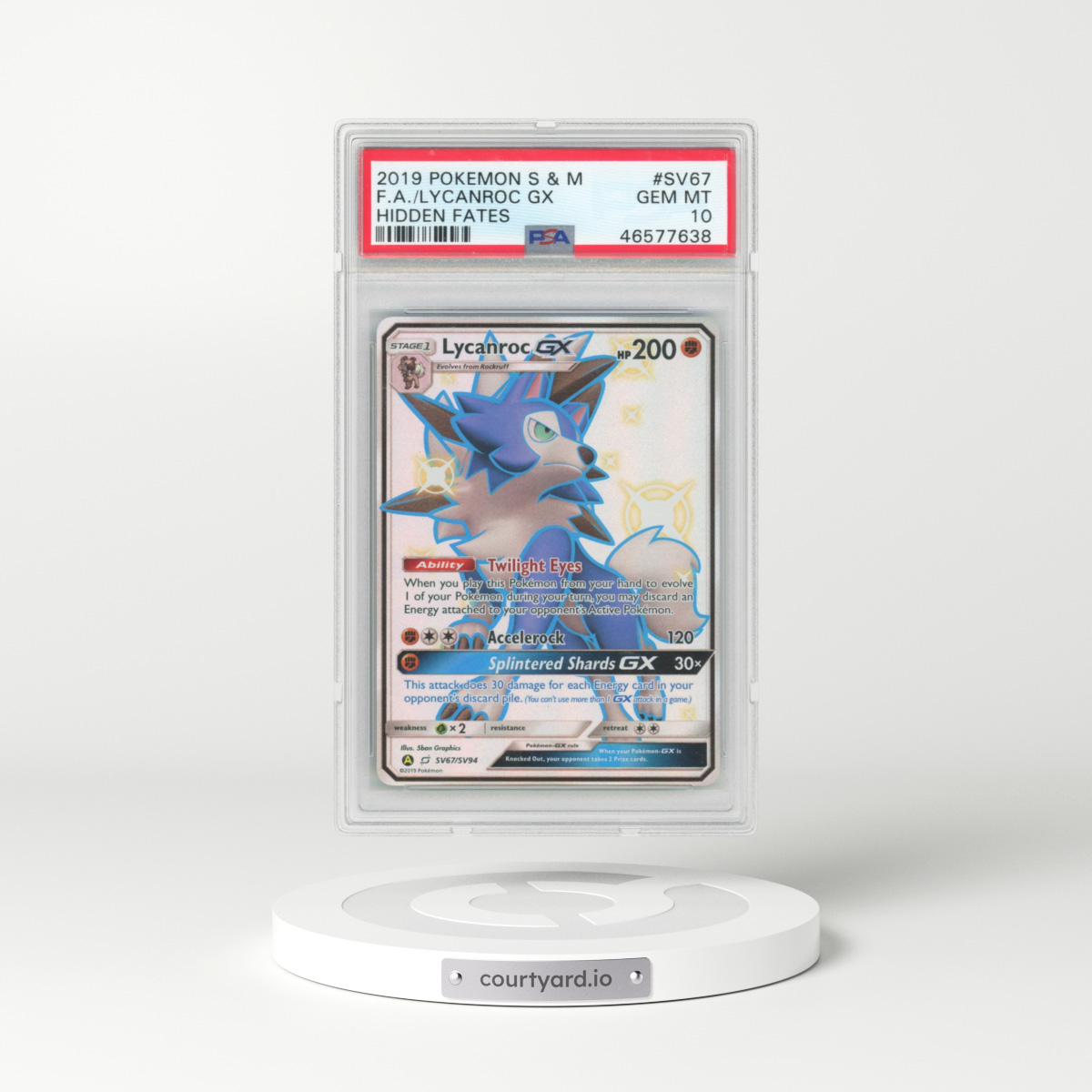 2019 Pokémon Sun & Moon Hidden Fates #SV67 Lycanroc GX - Holo Full Art (PSA 10 GEM MINT)