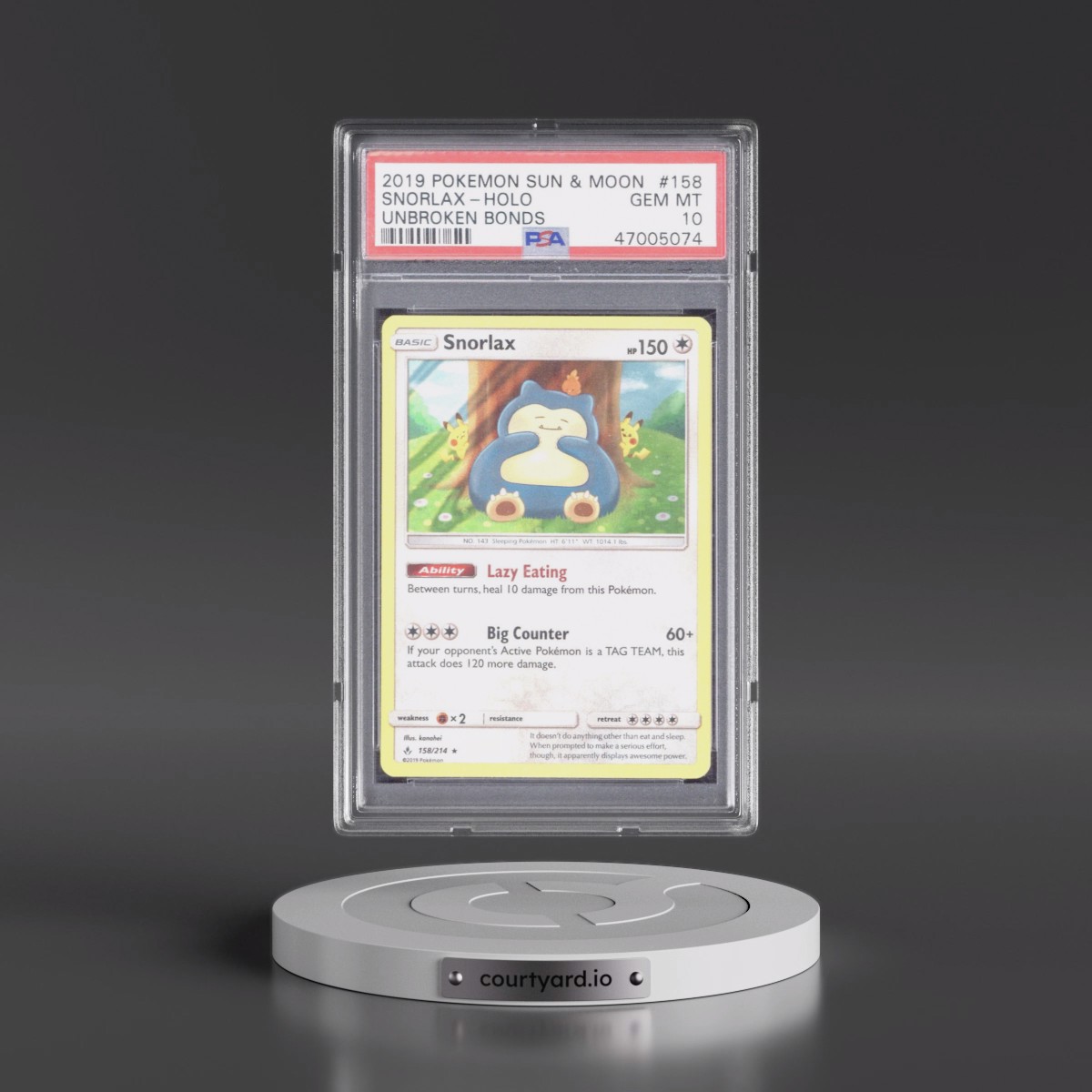 2019 Pokémon Sun & Moon Unbroken Bonds #158 Snorlax - Holo (PSA 10 GEM MINT)