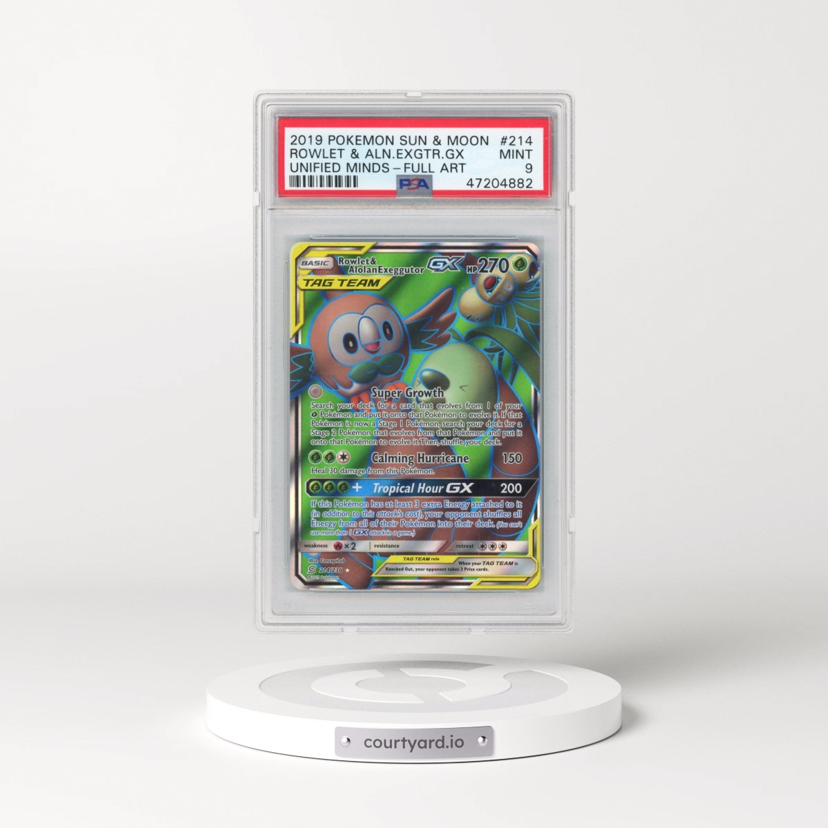 2019 Pokémon Sun & Moon Unified Minds #214 Rowlet & Alolan Exeggutor GX - Holo Full Art (PSA 9 MINT)