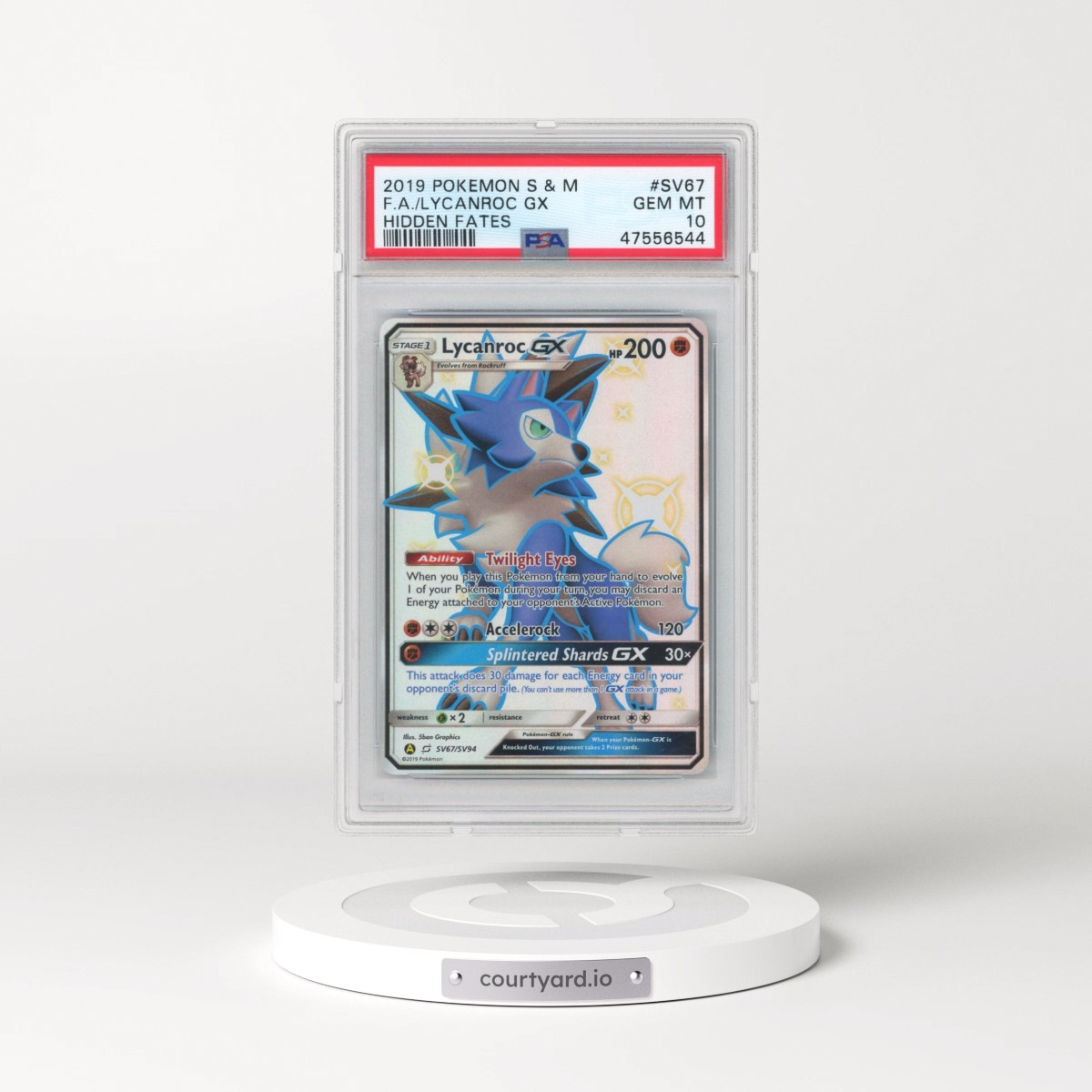 2019 Pokémon Sun & Moon Hidden Fates #SV67 Lycanroc GX - Holo Full Art (PSA 10 GEM MINT)
