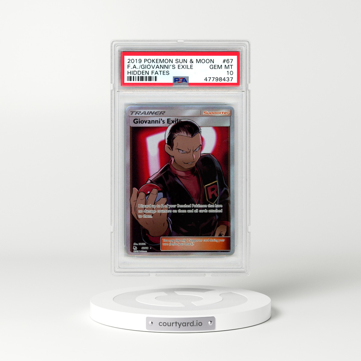 2019 Pokémon Sun & Moon Hidden Fates #67 Giovanni's Exile - Full Art (PSA 10 GEM MINT)