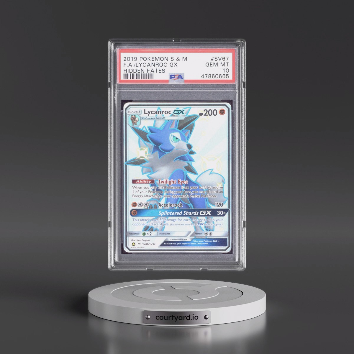 2019 Pokémon Sun & Moon Hidden Fates #SV67 Lycanroc GX - Holo Full Art (PSA 10 GEM MINT)