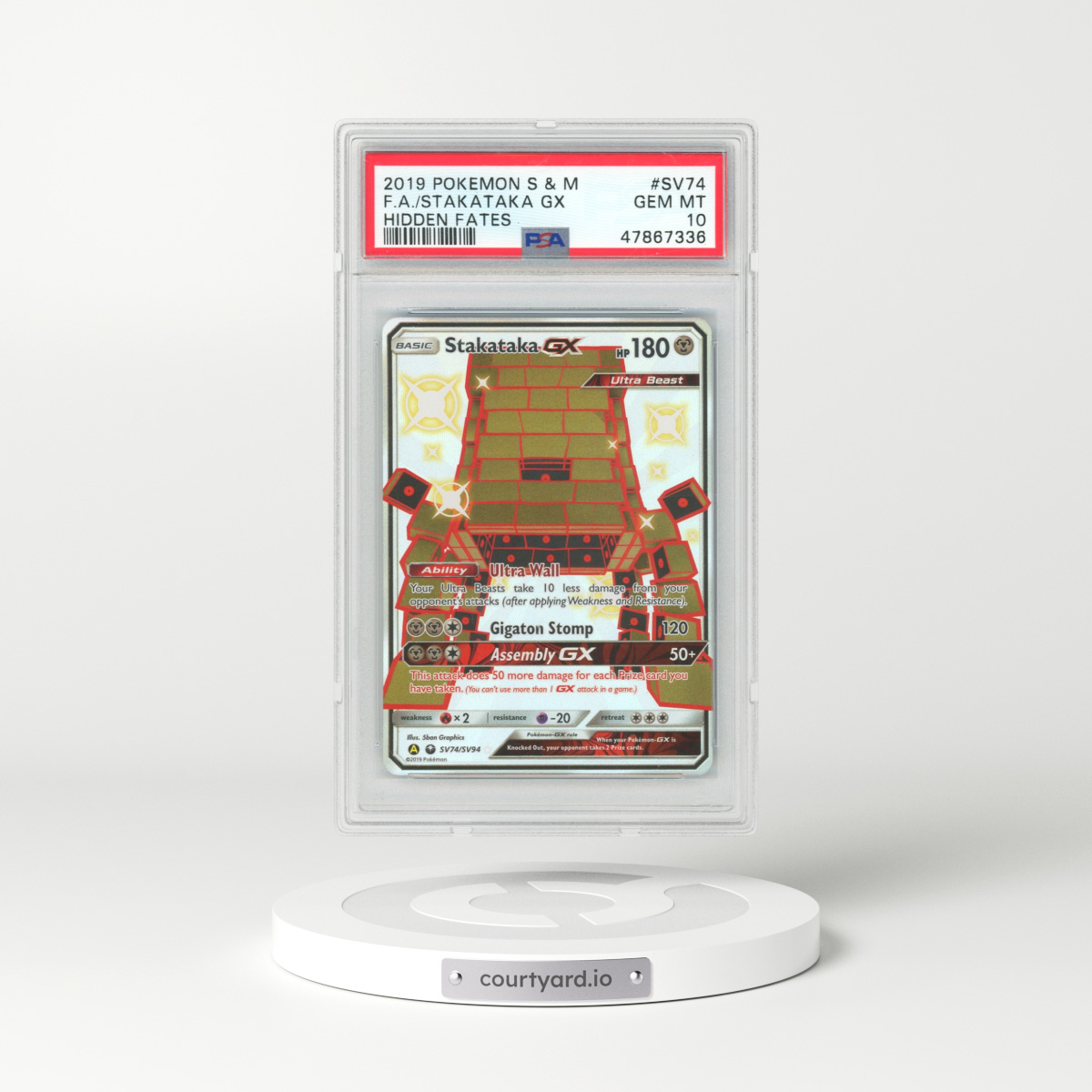 2019 Pokémon Sun & Moon Hidden Fates #SV74 Stakataka GX - Holo Full Art (PSA 10 GEM MINT)