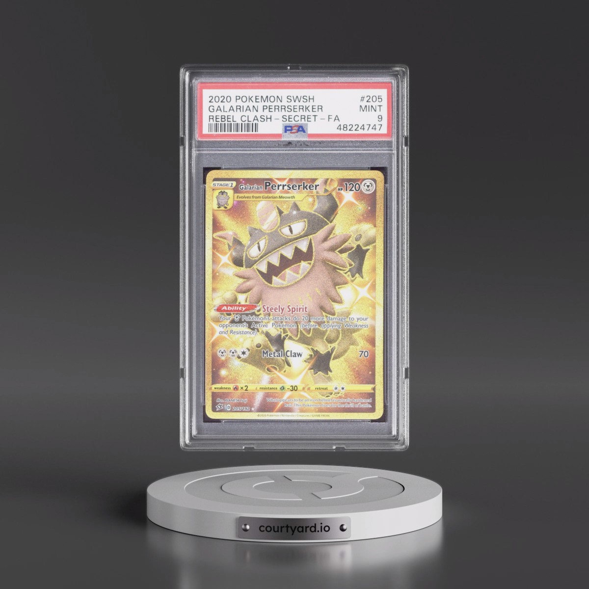 2020 Pokémon Sword & Shield Rebel Clash #205 Galarian Perrserker - Full Art Secret (PSA 9 MINT)