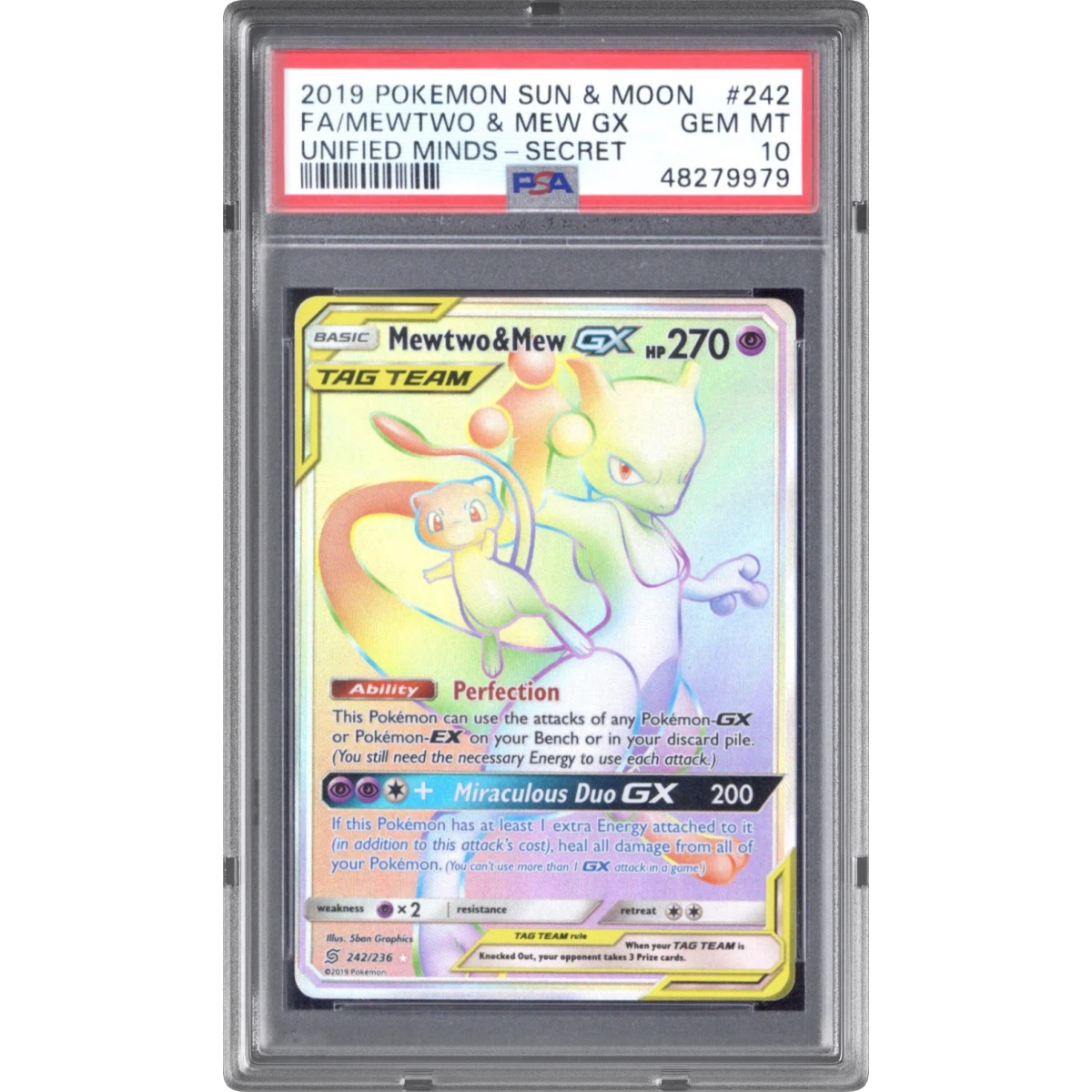 2019 Pokémon Sun & Moon Unified Minds #242 Mewtwo & Mew GX - Holo Full Art Secret (PSA 10 GEM MINT)