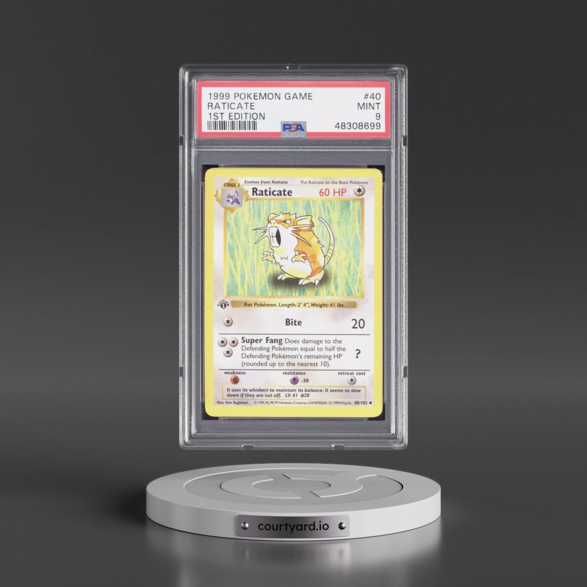 1999 Pokémon Game #40 Raticate - 1st Edition (PSA 9 MINT)